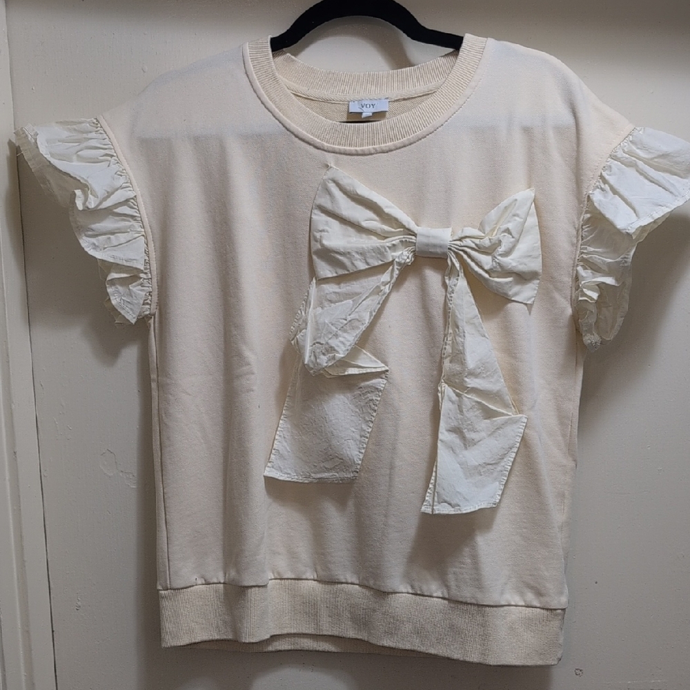 Cream Ruffle Sleeve Tee with Bow